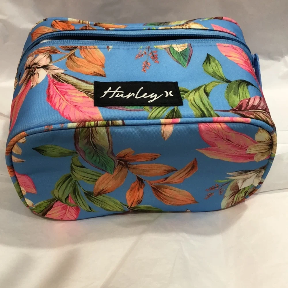 Hurley blue floral tropical island print makeup cosmetics bag case‎ new